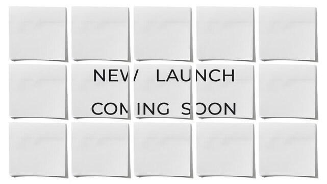 Shopping bags collage animation with sticky notes revealing new launch coming soon message. Concept of product release teaser, ecommerce promo, sale announcement and advertising for retail campaign.