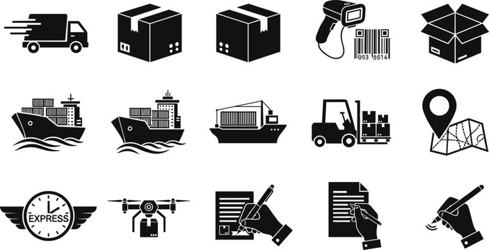 Global logistics and freight transportation icon set featuring cargo ships delivery trucks barcode scanners forklift drones and document signing