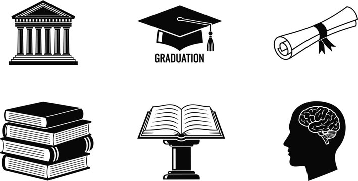 Higher education and academic achievement solid icon set featuring university building graduation cap diploma scroll books and human brain, 19 words.