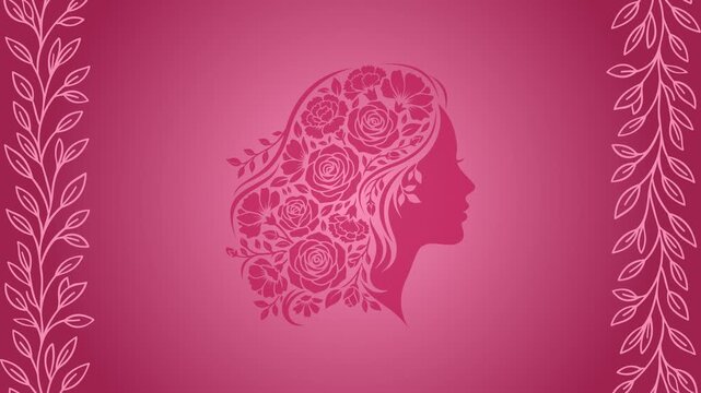 4K seamless loop pink gradient background with floral woman silhouette and ornamental leaf frame