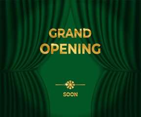 An elegant invitation banner with a green curtain and the golden inscription "Grand Opening". Vector illustration.   © Maria Kudashova