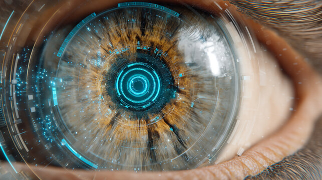 Close-up of a human eye with a blue iris and a circular pattern
