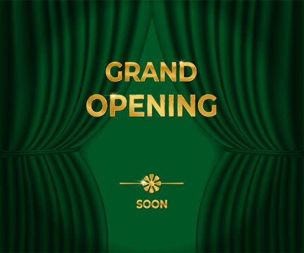 An elegant invitation banner with a green curtain and the golden inscription "Grand Opening". Vector illustration.  