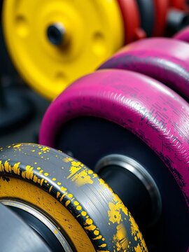 Close-up on knurled barbell grip and weight plates, emphasizing texture and grip,  workout,  fitness