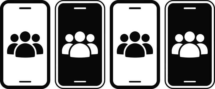 Four smartphone screens displaying different group profile icons with varying head colors.