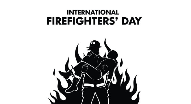 Heroic firefighter carrying an injured person in a blaze for international firefighters day vector graphic illustration