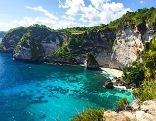 Fototapeta premium A scenic coastal landscape with turquoise waters and lush greenery (1)