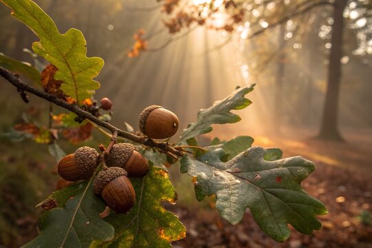 A captivating close-up of ripe acorns nestled amongst vibrant green and autumn-tinged oak leaves on a branch, beautifully illuminated by ethereal golden sunrays piercing through the gentle morning mis