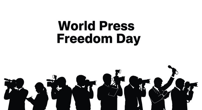 Silhouette vector illustration of professional journalists holding cameras and recording equipment for world press freedom day