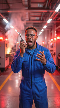Factory supervisor shouting into walkie talkie during industrial emergency. Black male worker in blue jumpsuit reacting to fire and smoke in manufacturing plant.