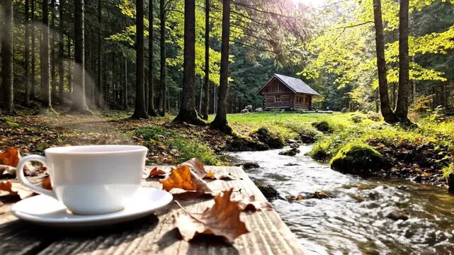 Steaming cup of coffee on a wooden table in an autumn forest, cabin in the background near a creek with fallen leaves and soft sunlight.