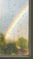 Naklejka premium Rainbow visible through wet window glass covered in raindrops. Conceptual view of weather transition after rain.