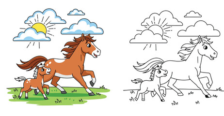 Fototapeta premium Horse and Foal Running in Green Field Vector Illustration and Coloring Page Outline for Kids Education and Activity Book