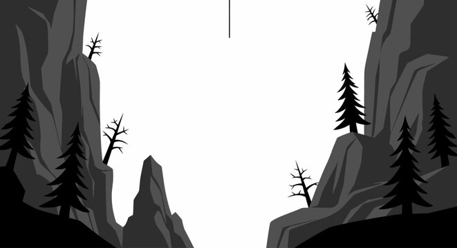 Minimalist mountain landscape with pine trees and rocky cliffs in flat vector style.