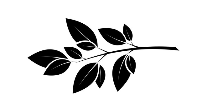 Black silhouette of a tree branch with leaves isolated on white background.