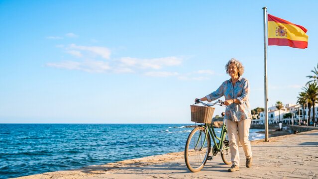 woman on the beach with waving spain flag