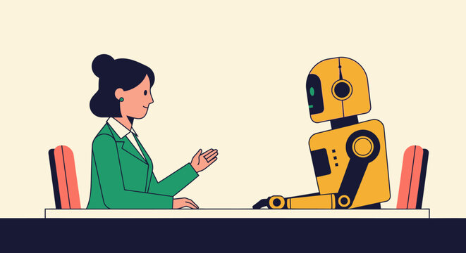 Human Resources Professional Interviewing a Robot Candidate for a Job