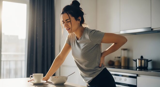 Woman suffering from severe back pain or spinal injury while standing in modern kitchen
