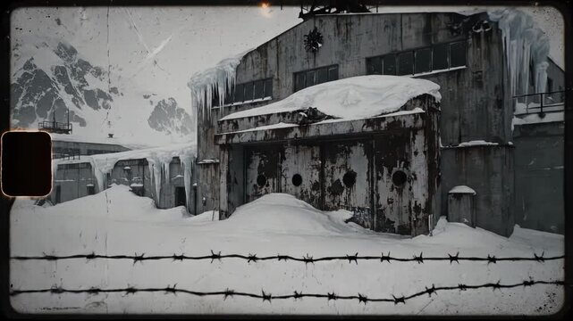 Snow-covered abandoned military outpost and research facility in a frozen mountainous landscape, with rusted concrete hangars, radar antenna, heavy icicles, and deep snowdrifts.