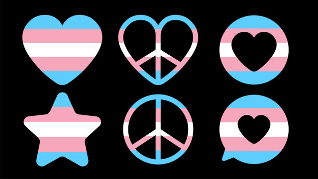 Transgender Pride Icon Set with Heart Peace Star and Chat Bubble Symbols Blue Pink White LGBTQ Collection Isolated Clean Graphic Design