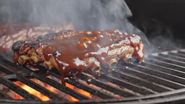 Juicy barbecue pork ribs smoking on hot grill grates