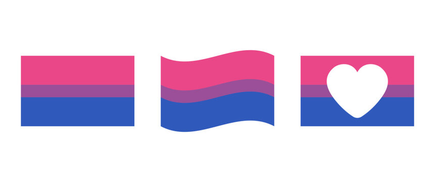 Bisexual Flag Icon Set with Flat Wavy and Heart Cutout Variations Pink Purple Blue Stripes LGBTQ Pride Symbol Collection Isolated Clean Design