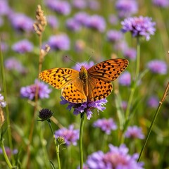 Obraz premium Fritillary Butterfly on Purple Flower in Meadow.