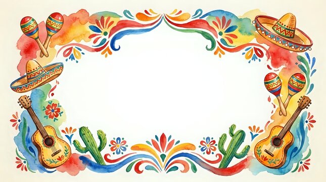 Colorful Mexican fiesta border frame with guitars, maracas, sombreros and cactus plants. Festive Cinco de Mayo celebration design for invitations and party materials.