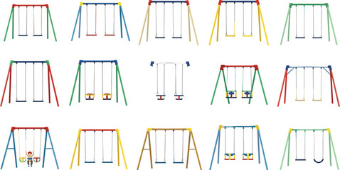 Colorful playground swing sets collection with various frame designs and seat types for kids outdoor park vector illustration © MatRukshana