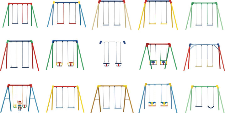 Colorful playground swing sets collection with various frame designs and seat types for kids outdoor park vector illustration