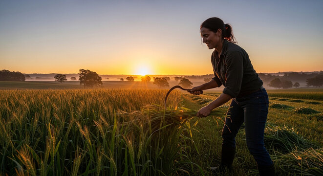 Farmer Harvesting Wheat Field at Sunrise with Sickle.