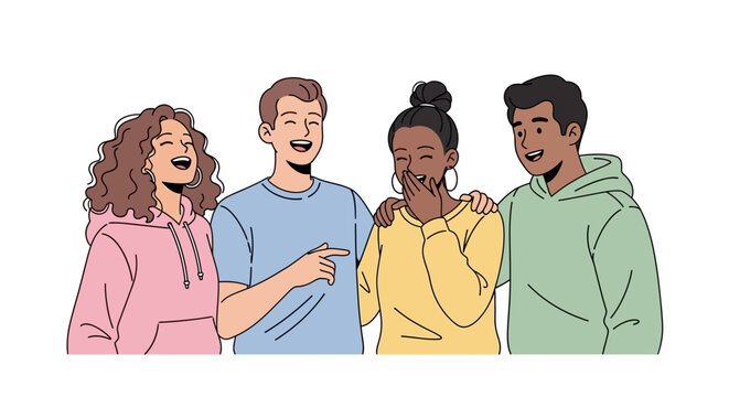 Four friends laughing together in casual clothing outdoors happily