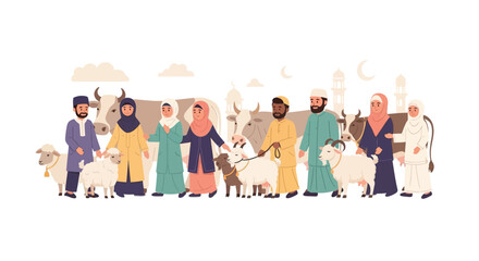 Fototapeta premium People from different cultures standing with sheep and goats outdoors