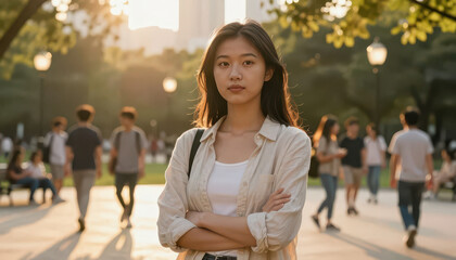 Fototapeta premium A young woman stands confidently in a park, surrounded by people walking in the background. The sunlight creates a warm atmosphere in the lively park setting.