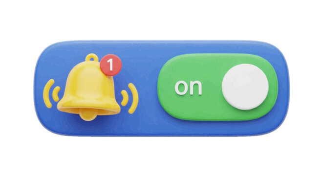 Vector illustration&nbsp;of 3d render of a notification bell icon with an on switch toggle on a transparent background
