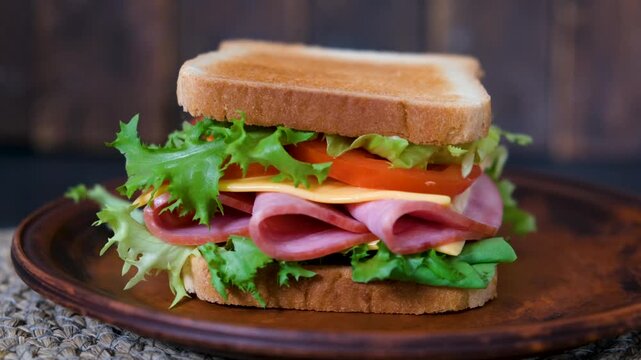 Classic sandwich spinning on turntable, rustic food video