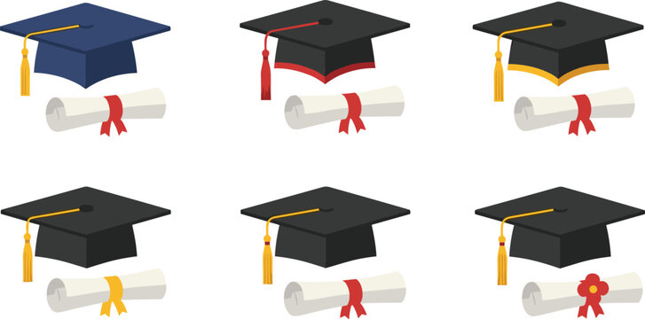 Graduation Cap and Diploma Vector Set with Academic Mortarboard Hats Certificates and Education Achievement Symbols Collection for School University and Celebration Design