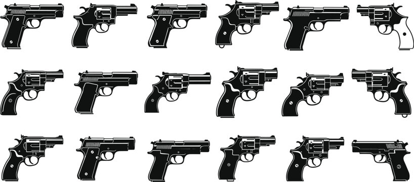 Handgun and Revolver Silhouette Icon Set with Various Firearm Types Side View Weapon Collection for Security Military Law Enforcement and Defense Graphics