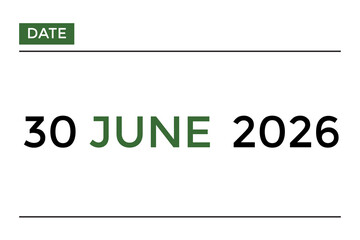 Obraz premium June 30, 2026 calendar with green color on white background