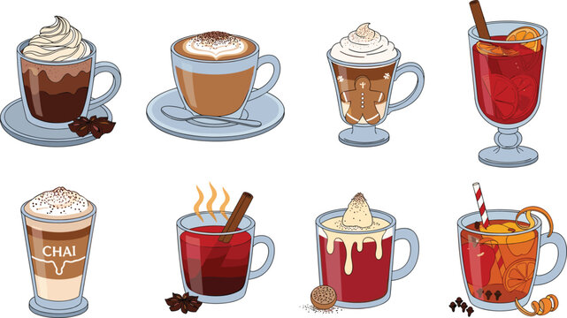 Hot Drinks and Winter Beverages Icon Set with Hot Chocolate, Cappuccino, Latte, Mulled Wine, Chai Tea, Red Wine, Eggnog, and Spiced Cider Elements for Cafe and Menu Designs