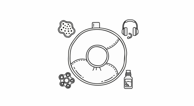 Collection of symbols a fidget spinner, headphones, and a medicine bottle next to a segmented circle