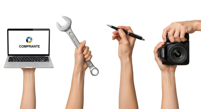 Four Hands Holding Different Objects Representing Work and Creativity.