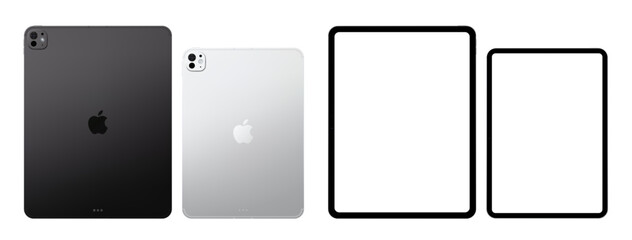 Naklejka premium Photorealistic detailed Apple iPad Pro M5 11 and 13 inches 2025 Space black and silver mockup. Real dimentions. Front and rear view isolated on transparent background. Vector editorial PNG