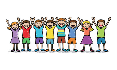 Fototapeta premium Happy children raising hands cartoon illustration on white background