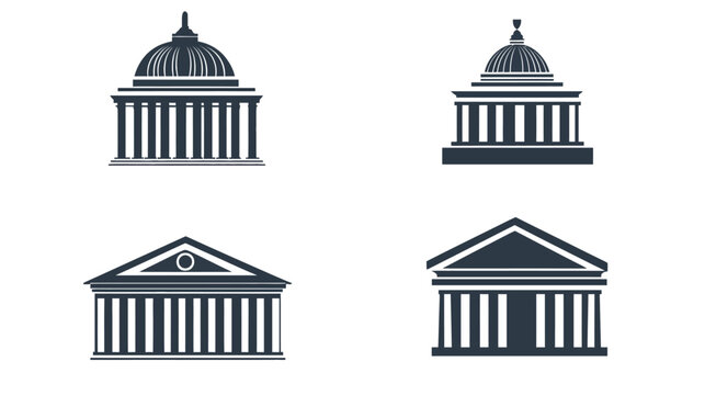 Four black and white illustrations of classical architecture, featuring domes, triangular roofs and columns