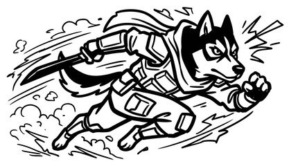 Black  White Line Art Husky Ninja Dog Character Running Fast with Katana - Gaming Mascot © Wagiman Studio