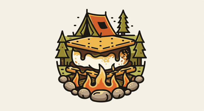 Campfire s'more with tent and trees in a stylized illustration