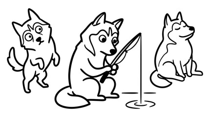 Humorous Husky Dogs Fishing Black  White Line Art for Pet  Hobby Concepts © Wagiman Studio
