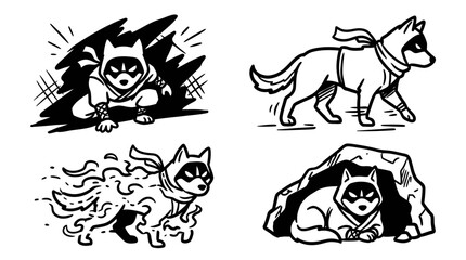 Fototapeta premium Black and white line art of a ninja dog in various poses