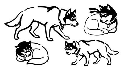 Black and White Line Art of Husky Dogs in Various Poses © Wagiman Studio
